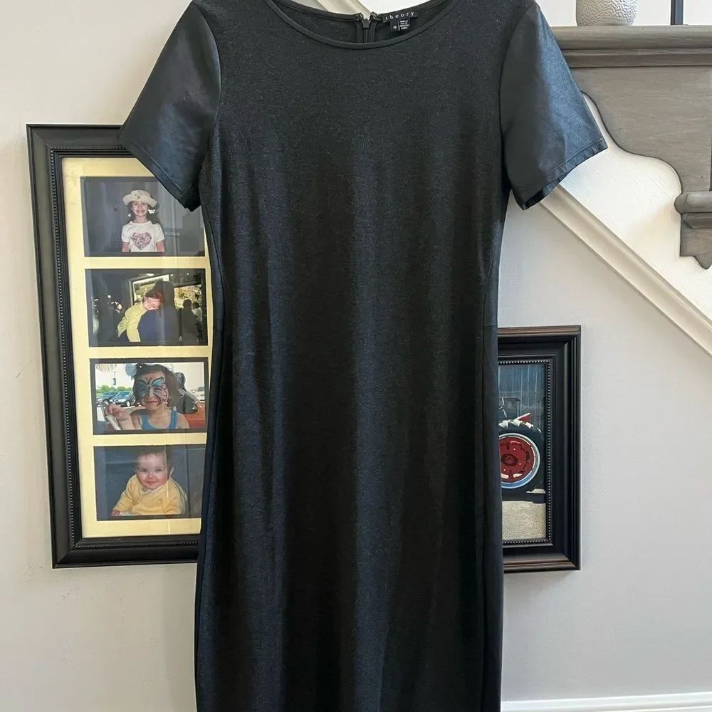 Theory Black Leatherette Sleeve Sheath Dress sz 10 EUC